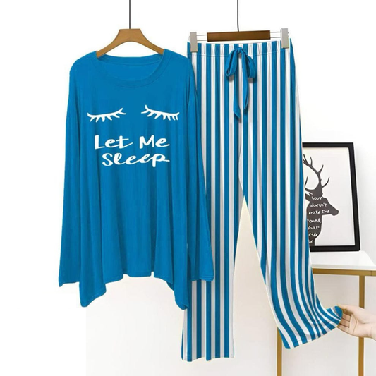 Let Me Sleep" Eyelash Graphic Pajama Set - Blue & White