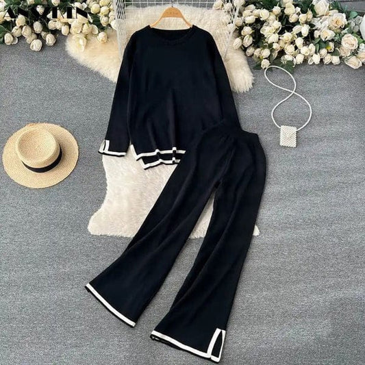 Chic Women's Black Knit Sweater & Wide-Leg Pants Lounge Set