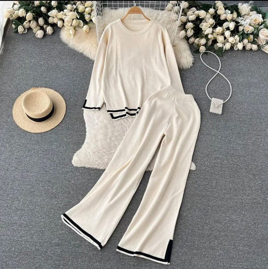 Chic Women's White Knit Sweater & Wide-Leg Pants Lounge Set