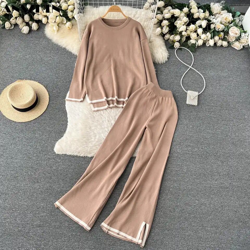 Chic Women's Beige Knit Sweater & Wide-Leg Pants Lounge Set