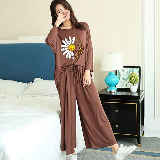Women's Daisy & Butterfly Print Long Sleeve Lounge Set Brown