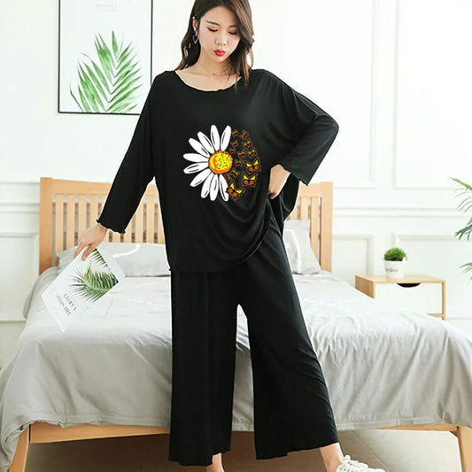 Women's Black Daisy & Butterfly Print Long Sleeve Lounge Set