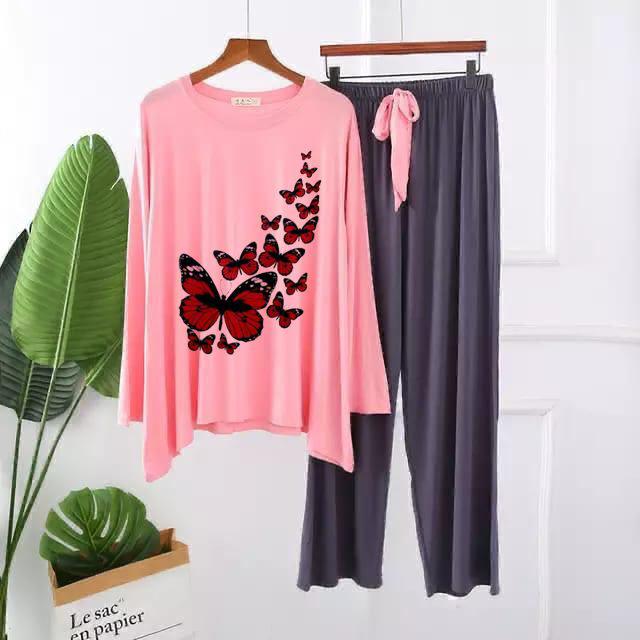 Elegant Butterfly Cascade Graphic Pajama Set