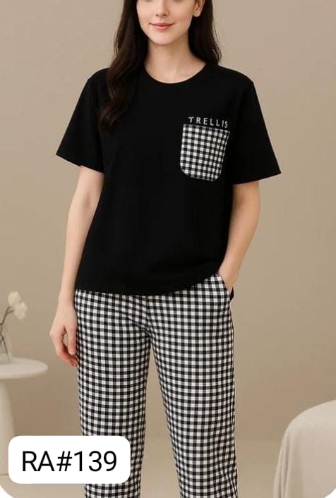 Womens Trellis Gingham Check Pocket Pajama Set