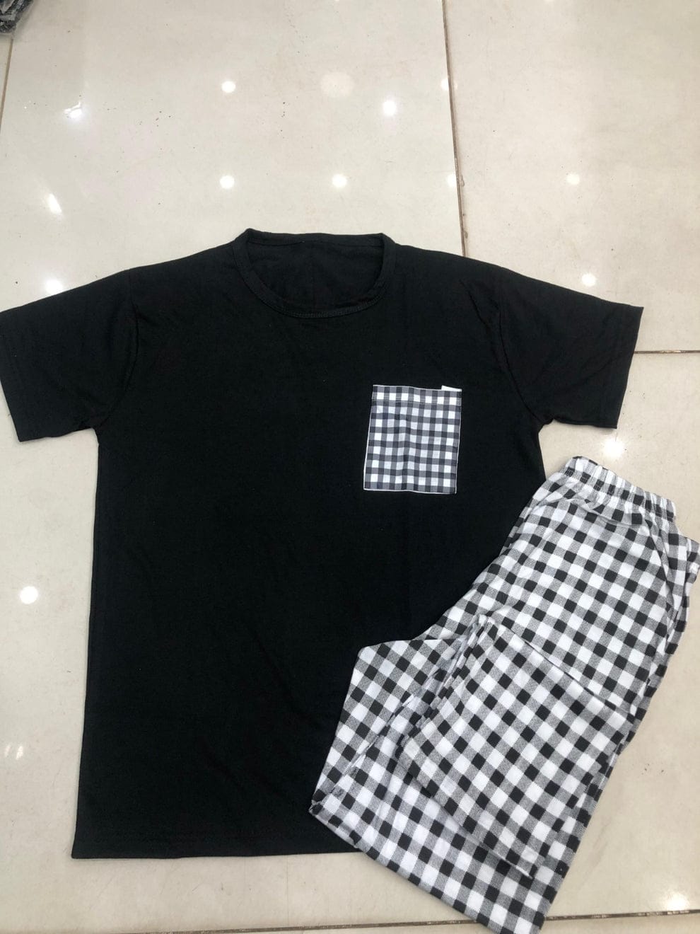 Womens Trellis Gingham Check Pocket Pajama Set