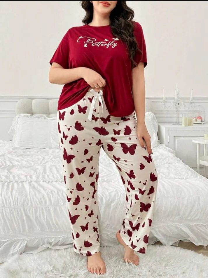 Women's Plus Size Green "Butterfly" Graphic & Print Pajama Set
