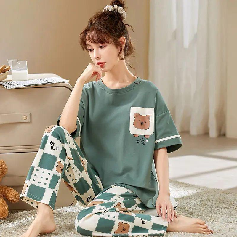 Women's Cute Bear Pocket & Checkered Print Pajama Set