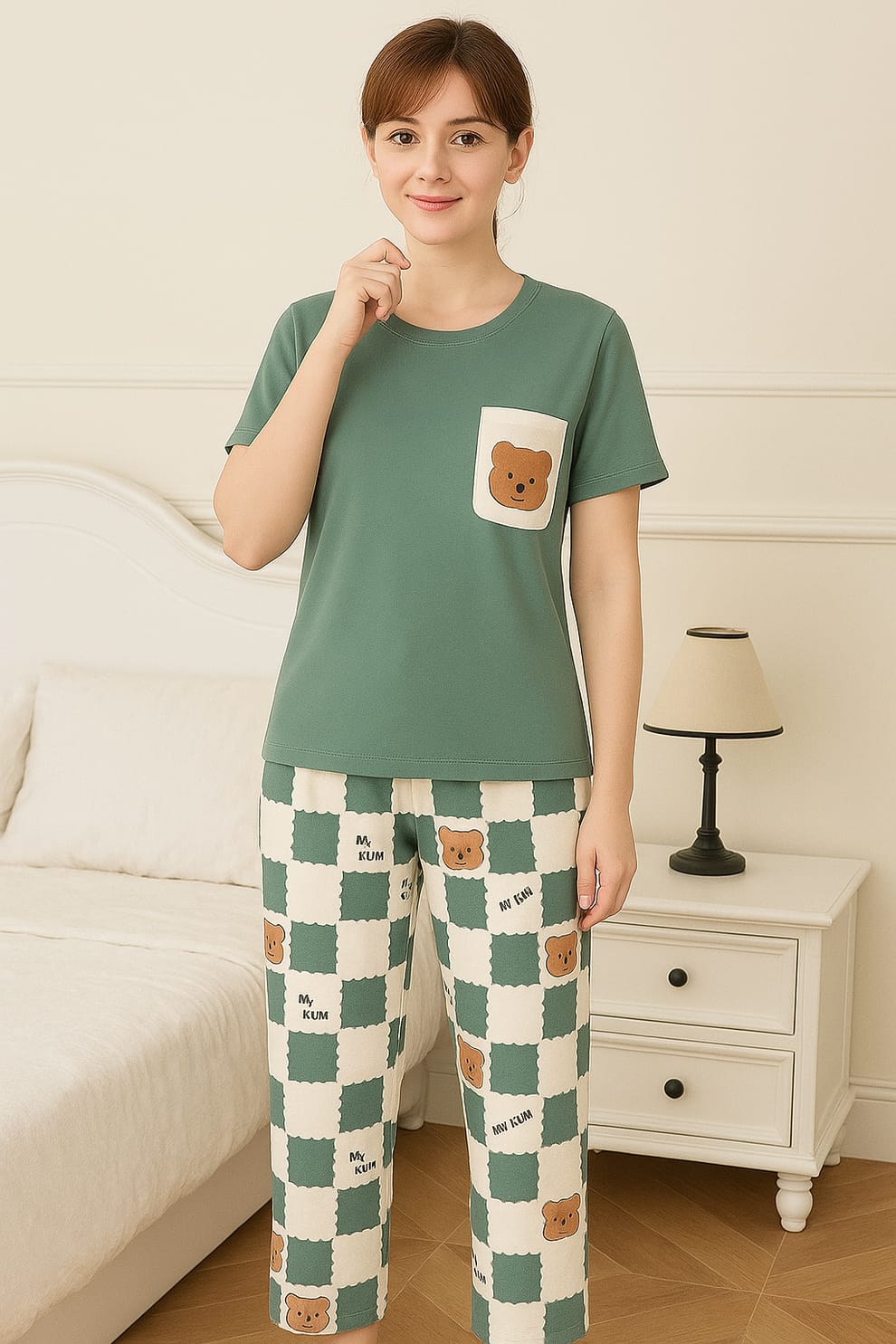 Women's Cute Bear Pocket & Checkered Print Pajama Set