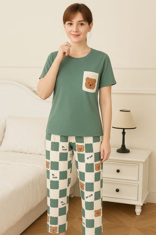 Women's Cute Bear Pocket & Checkered Print Pajama Set