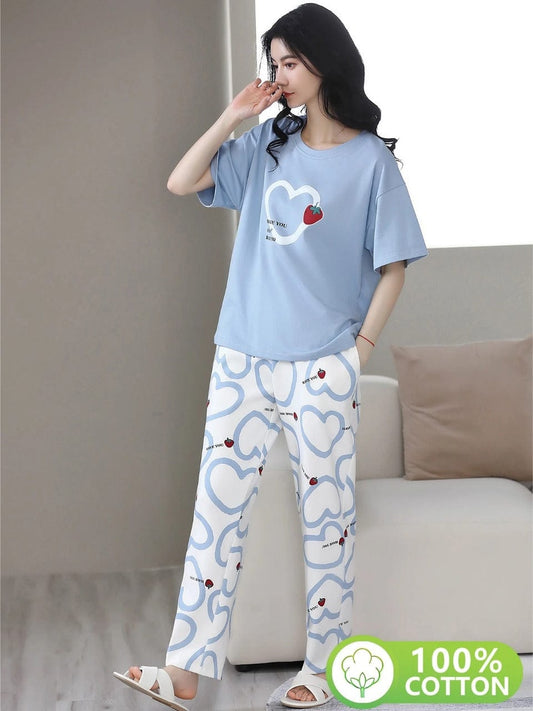 Women's "Love You" Heart & Strawberry Print Cotton Pajama Set
