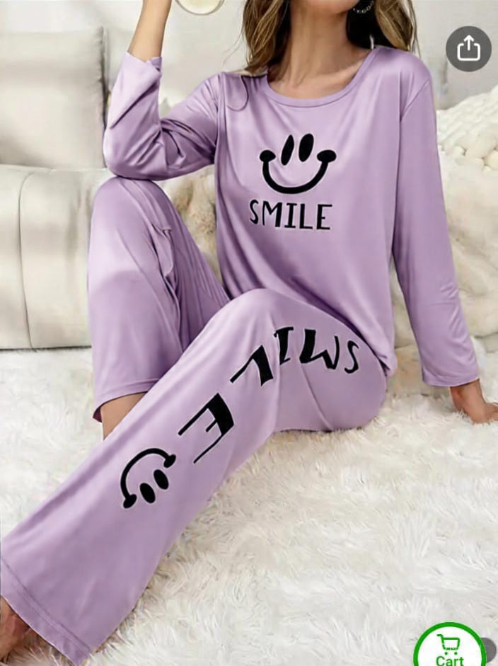 Women's Cheerful "Smile" Graphic Long-Sleeve Pajama Set