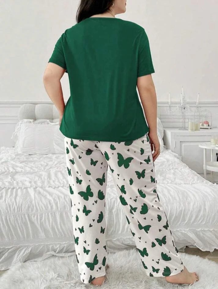 Women's Plus Size Green "Butterfly" Graphic & Print Pajama Set
