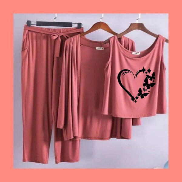 Women's 3-Piece Dusty Pink Pajama Set - Butterfly Heart Graphic