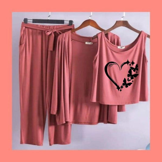 Women's 3-Piece Dusty Pink Pajama Set - Butterfly Heart Graphic