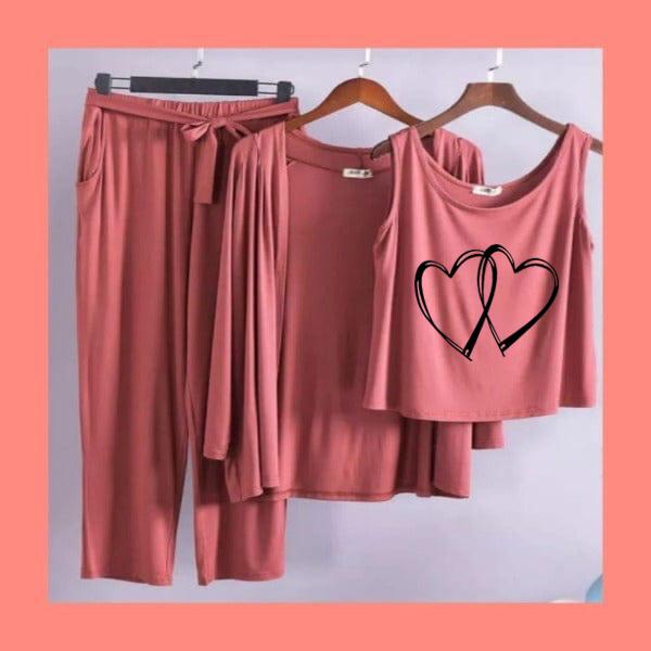 Women's 3-Piece Dusty Pink Pajama Set with Intertwined Hearts