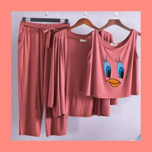 Women's 3-Piece Dusty Rose Pajama Set - Cute Tweety Graphic