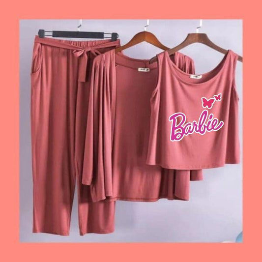 Stylish 3-Piece Dusty Rose "Barbie" Pajama Set