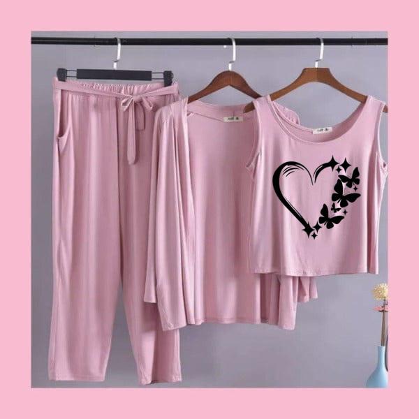 Women's 3-Piece Dusty Pink Pajama Set - Butterfly Heart Graphic