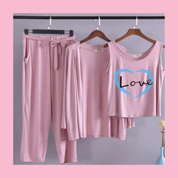 Women's 3-Piece Dusty Pink "Love" Heart Pajama Set
