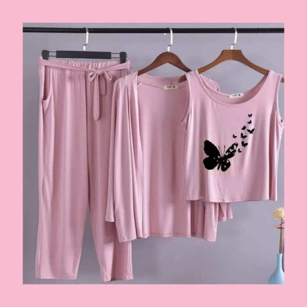 Elegant 3-Piece Dusty Pink Pajama Set - Butterfly Silhouette