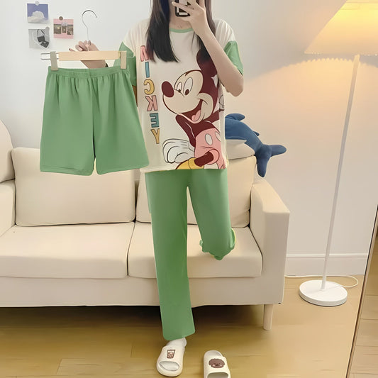 Women's 3-Piece Mickey Mouse Pajama Set - T-Shirt, Trousers & Shorts - Green