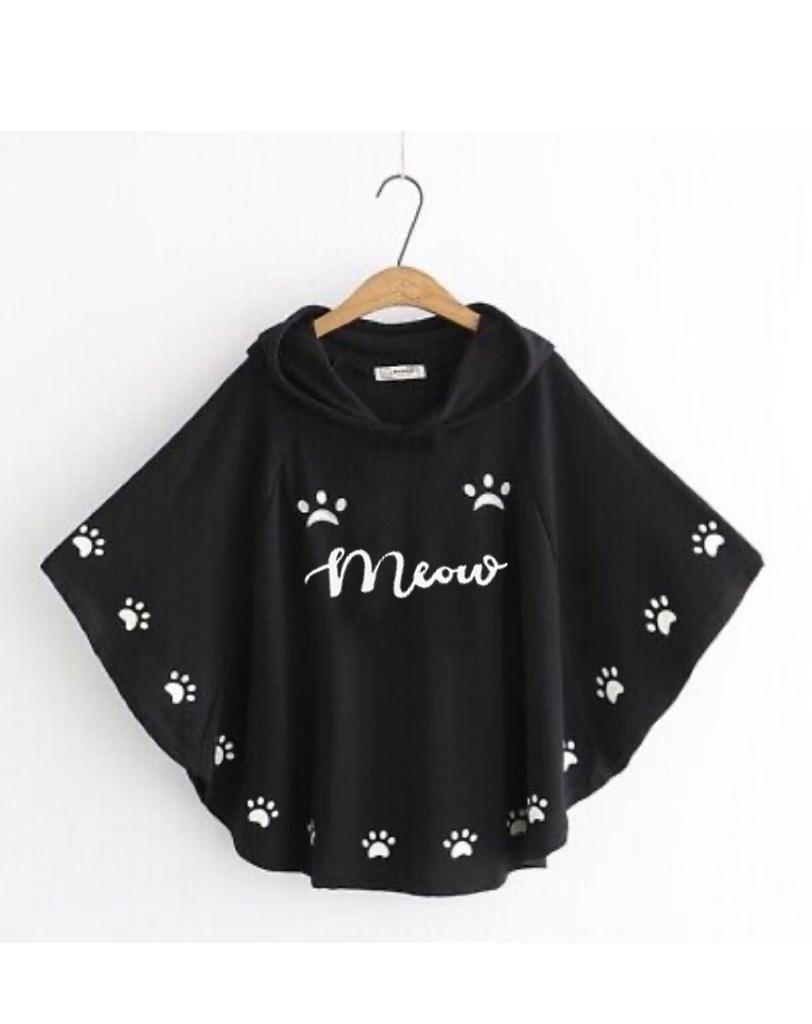 Cute "Meow" & Paw Print Hooded Poncho for Women - Casual Cape Top