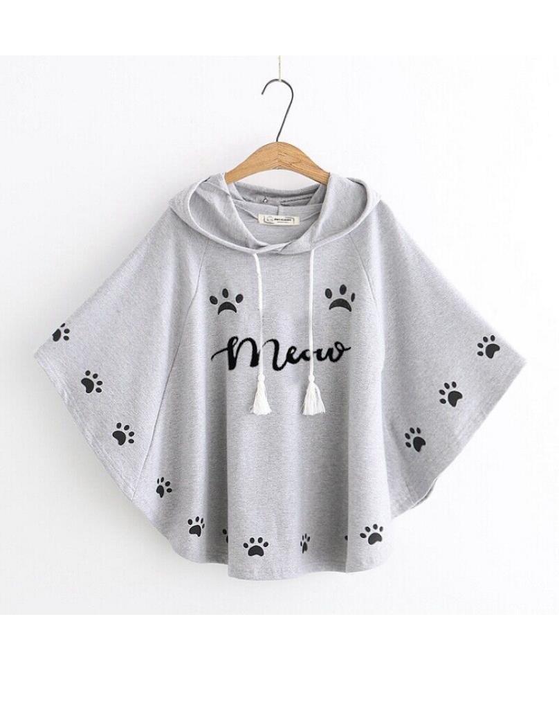 Cute "Meow" & Paw Print Hooded Poncho for Women - Casual Cape Top