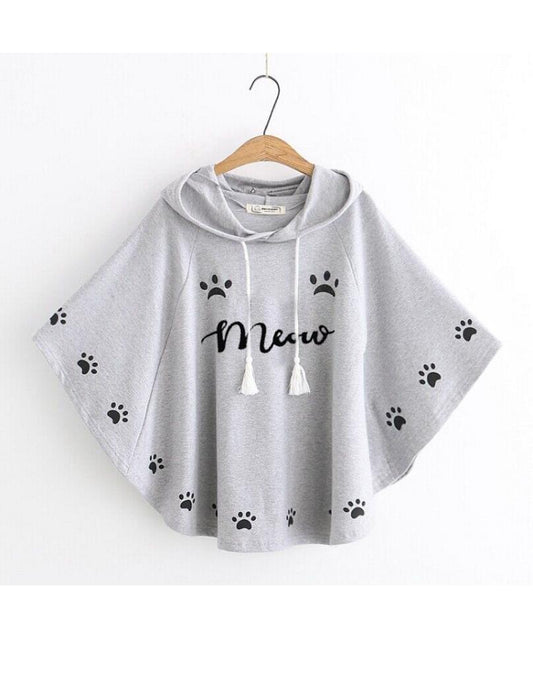 Cute "Meow" & Paw Print Hooded Poncho for Women - Casual Cape Top