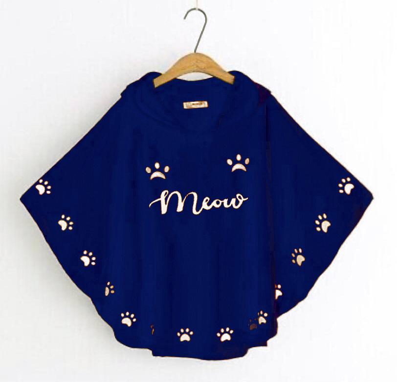 Cute "Meow" & Paw Print Hooded Poncho for Women - Casual Cape Top