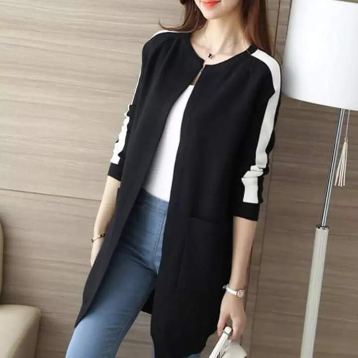 Women's Long White Sleeve Stripes - Stylish Open-Front Coat