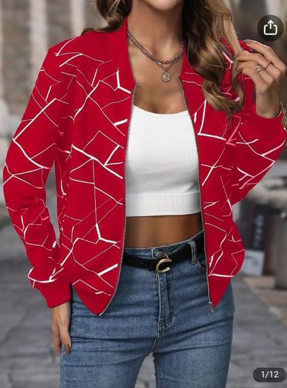Women's Geometric Print Bomber Jacket - Stylish Zip-Up Outerwear