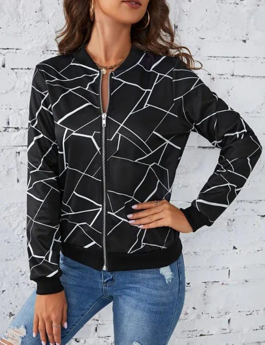 Women's Geometric Print Bomber Jacket - Stylish Zip-Up Outerwear