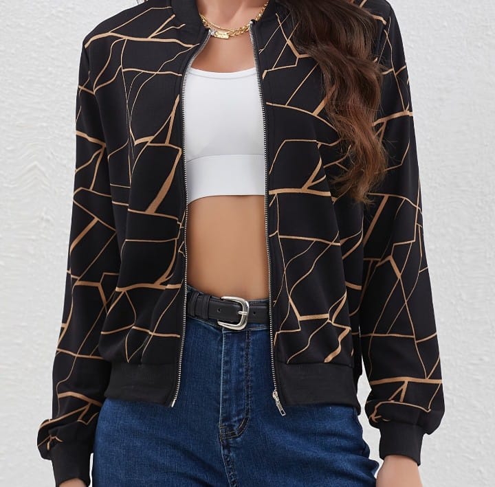 Women's Geometric Print Bomber Jacket - Stylish Zip-Up Outerwear