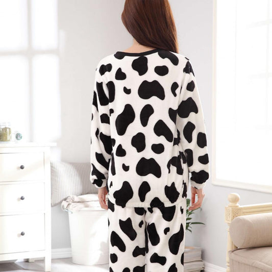 Cozy Cow Print Fleece Night Suit - Women's Warm Pajama Set
