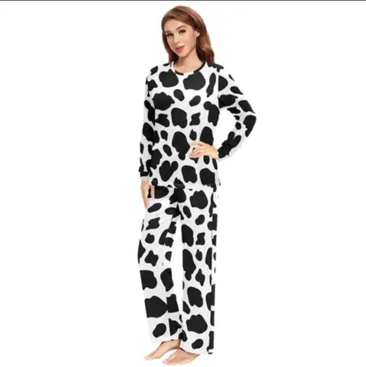 Cozy Cow Print Fleece Night Suit - Women's Warm Pajama Set