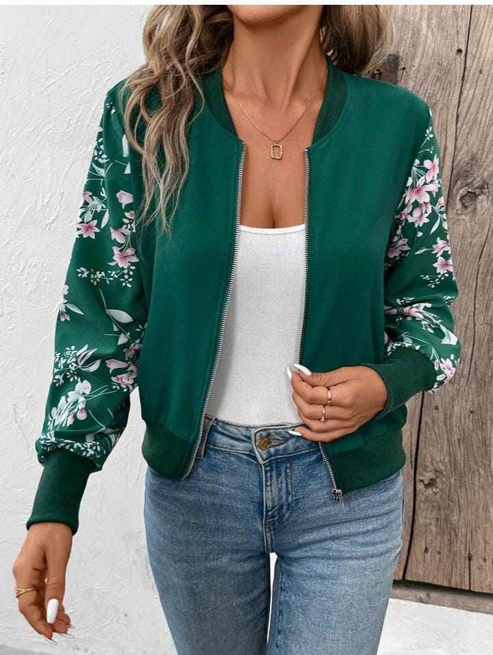 Bomber Jacket with Floral Sleeves - Elegant & Casual Women's Jacket