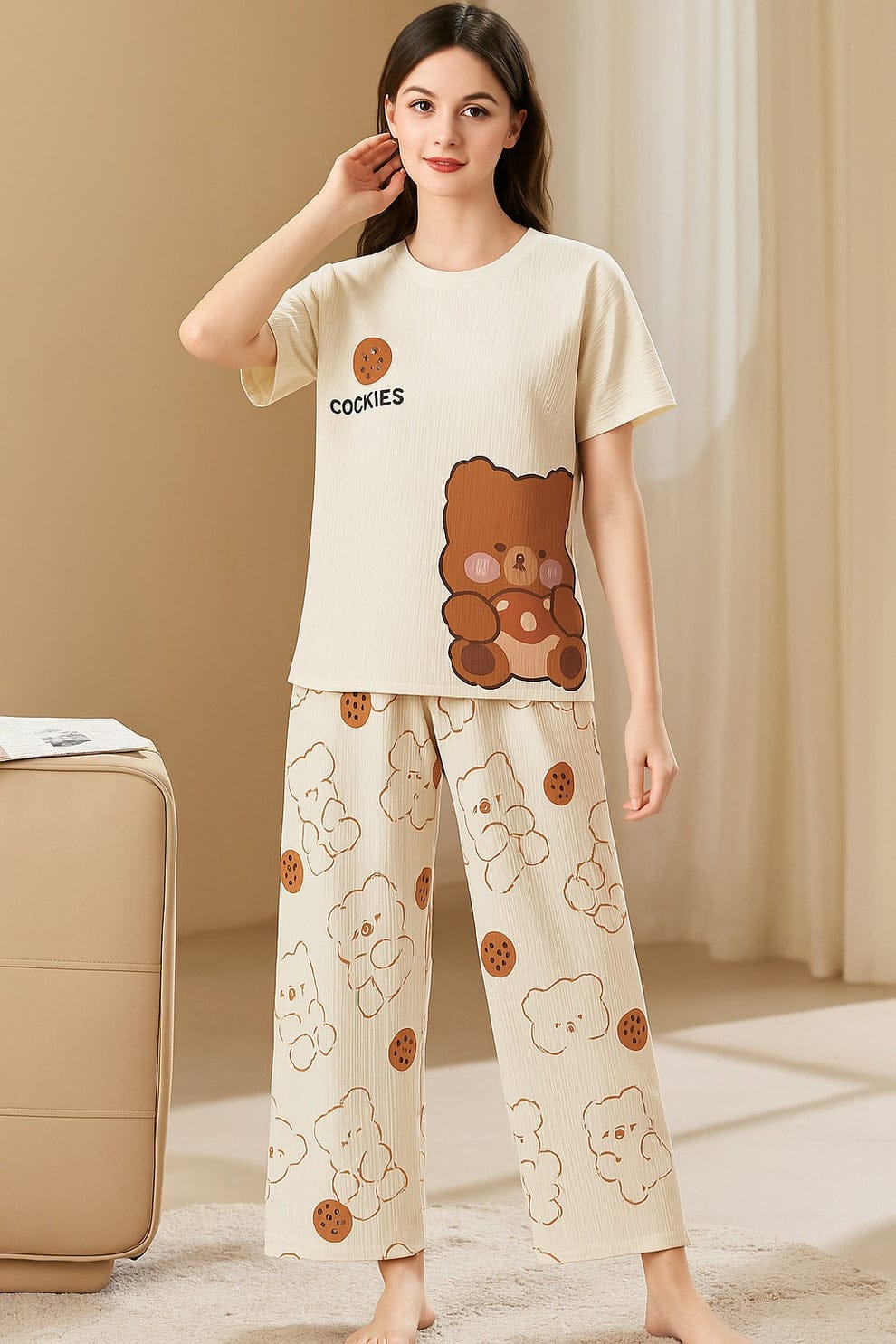 Women's Cute Bear & Cookies Textured Pajama Set - Cream