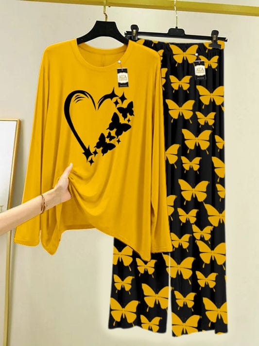 Women's Butterfly Print Night Suit with Heart Graphic - 2-Piece Loungewear Set
