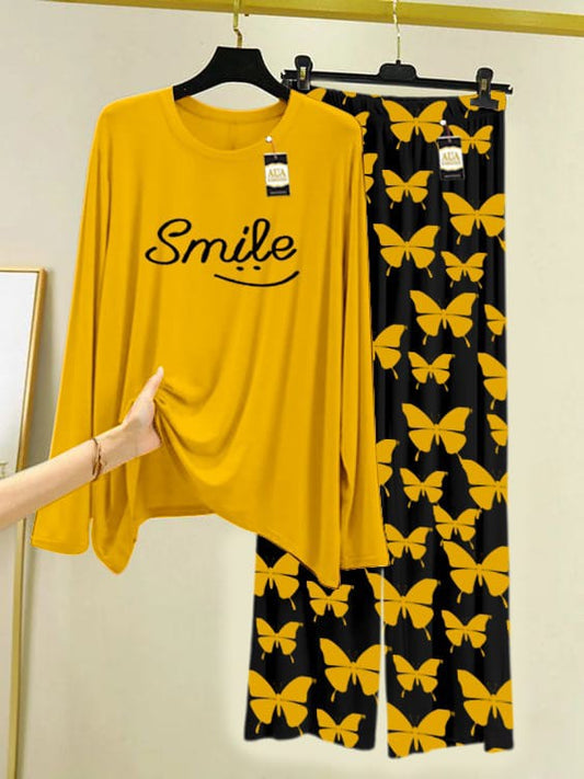 Women's "Smile" Print Pajama Set - Cheerful Butterfly Loungewear