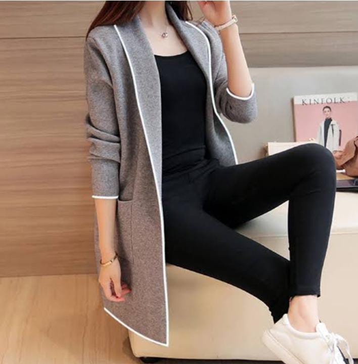 Women's Long White Sleeve Stripes - Stylish Open-Front Coat