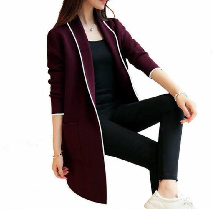 Women's Long White Sleeve Stripes - Stylish Open-Front Coat