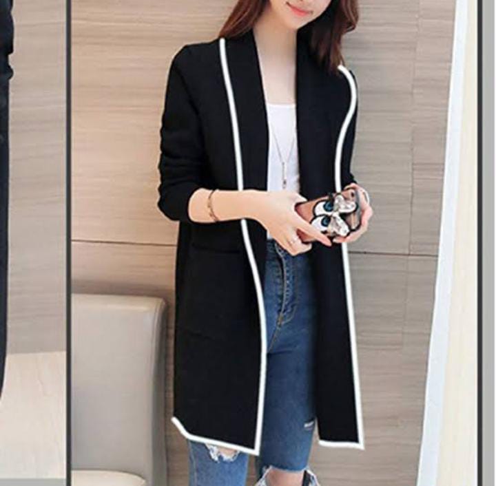 Women's Long White Sleeve Stripes - Stylish Open-Front Coat