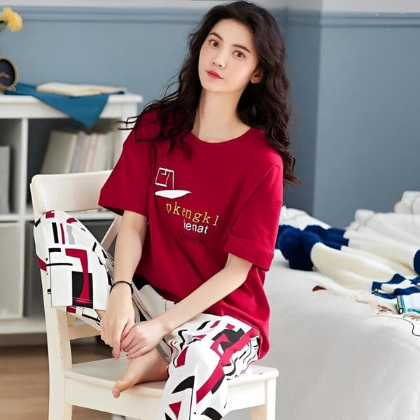 Modern Women's T-Shirt & Pajama Pants Set - Red & Geometric Graphic