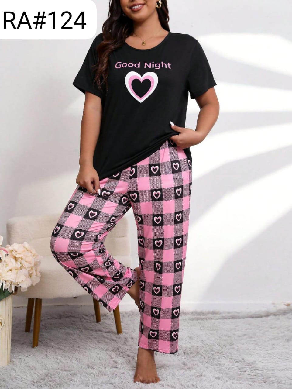 Women's "Good Night" Graphic Tee & Heart Plaid Pajama Set