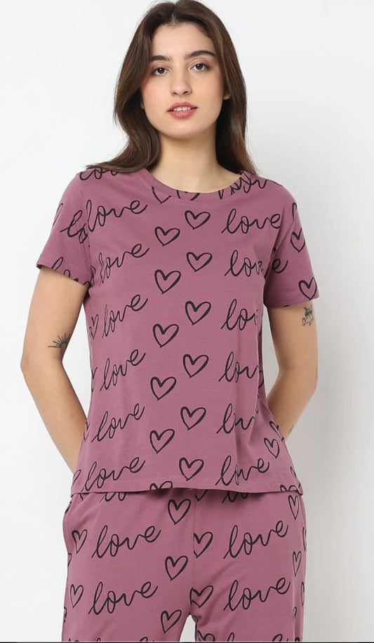 Women's 'Love' & Hearts Script Print Pajama Set - Dusty Rose