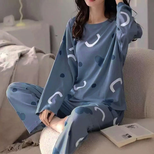 Women's Cozy Long Sleeve Pajama Set - Blue Abstract Heart & Arc Print