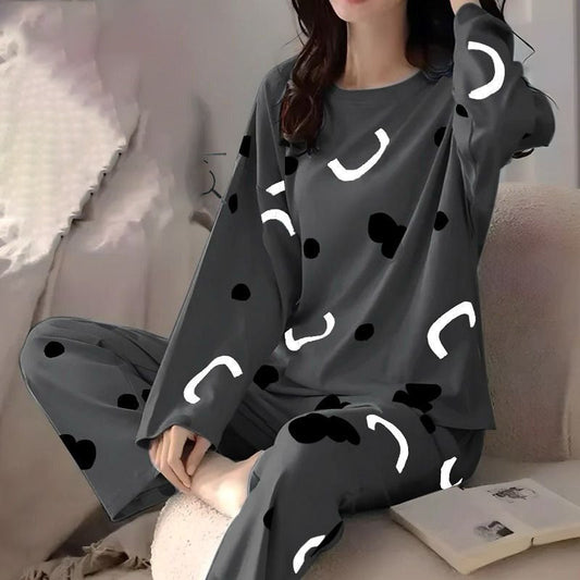 Women's Chic Long Sleeve Pajama Set - Charcoal Grey Abstract Print