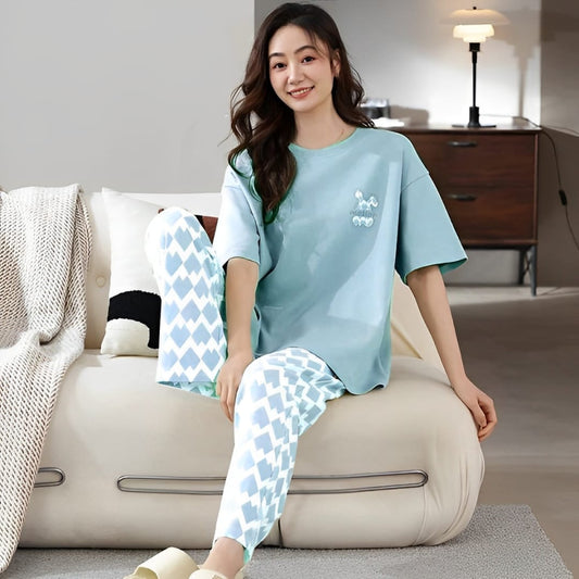 Women's Relaxed Fit T-Shirt & Pajama Pants - Light Blue Diamond Print