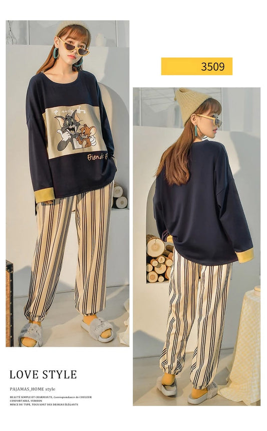 Women's Tom and Jerry Graphic Pajama Set with Striped Jogger Pants
