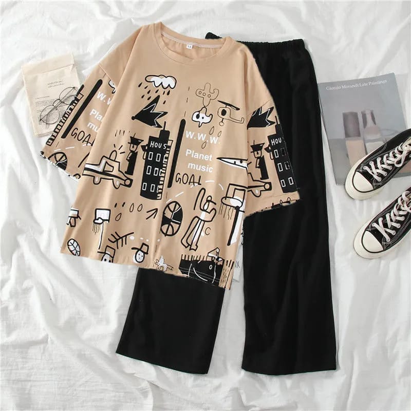 Oversized Doodle Graphic T-Shirt & Wide-Leg Pants Loungewear Set